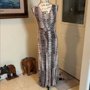 Elegant Snake Print Belted Maxi Sleeveless Dress With Ruffles on Bottom